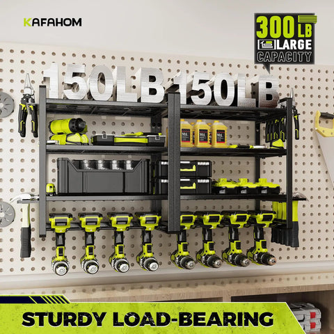Mounted 4 Tier Power Tool Organizer Wall Mount Set For Cordless Tools 2 Pack With Bottom Layer Holding Up To 8 Cordless Drills And Upper Tiers For Heavy Tools And Small Tools Plus Hammer Holder Pliers Holder And Screwdriver Slots Garage Workshop Storage Rack, showing tools and 150LB capacity.