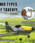 Beginner Friendly RC Plane With 2.4GHz 6 Axis Gyro shown with hand throw and ground takeoff options in a grassy field.