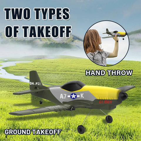 Beginner Friendly RC Plane With 2.4GHz 6 Axis Gyro shown with hand throw and ground takeoff options in a grassy field.