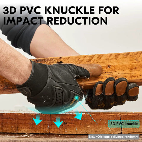 Water Repellent Goat Leather Mechanic Gloves For High Dexterity And All Day Comfort Heavy Duty Rigger Work Glove With Anti Vibration And Abrasion Protection Touchscreen Compatible Size M Brown, showing 3D PVC knuckle impact reduction feature, handling a wooden plank.