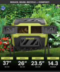 Outdoor Tumbling Composter Bin With Dual 360 Degree Rotation And 42 Gallon Capacity For Fast Home Composting Dual Chamber With Sliding Access Doors Heavy Duty Steel Frame UV And Weather Resistant Tumbler in a backyard garden setting.