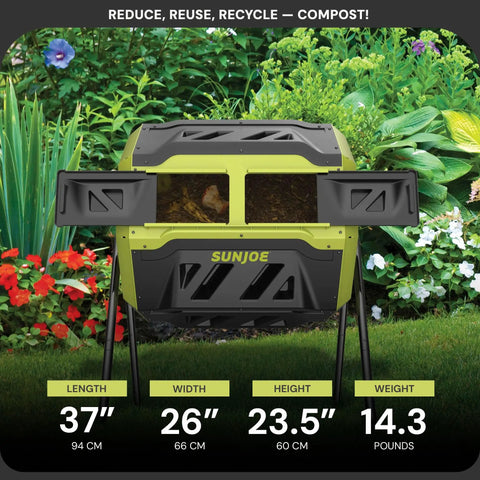 Outdoor Tumbling Composter Bin With Dual 360 Degree Rotation And 42 Gallon Capacity For Fast Home Composting Dual Chamber With Sliding Access Doors Heavy Duty Steel Frame UV And Weather Resistant Tumbler in a backyard garden setting.