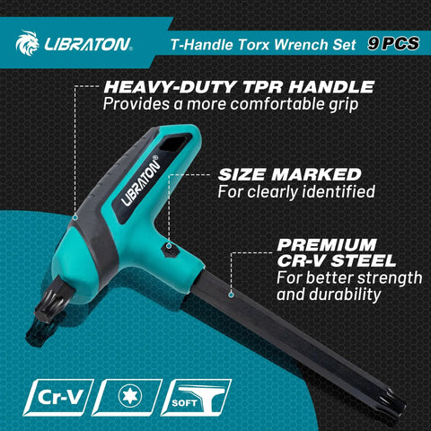 Versatile Torx T Handle Wrench Set With Nine Sizes From T10 To T50 And Two Tip Design Featuring Cr-V steel and ergonomic grip