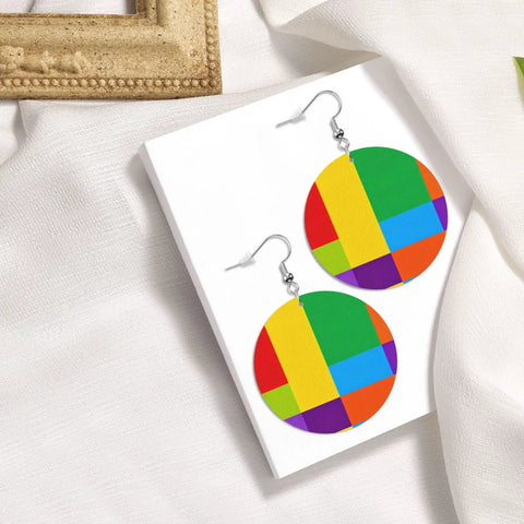 Chic Colorful Grid Print Dangle Earrings For Women Totally Lightweight Silver Plated Ear Hooks showcasing vibrant soft PVC leather design on a white background.