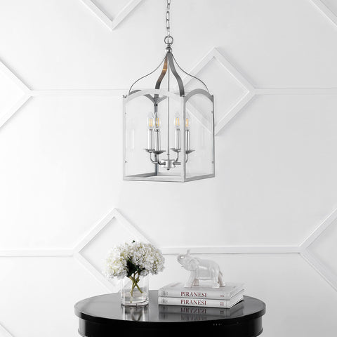 Silver 11 Inch Four Light Traditional Lantern Pendant With Metal Frame And Clear Glass Shade Classic Chandelier For Foyer Or Kitchen Island Energy Saving LED Bulbs Included