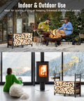 Heavy Duty 34 Inch Firewood Rack For Indoor And Outdoor Use With Log Carrier And Kindling Hooks next to a fire pit