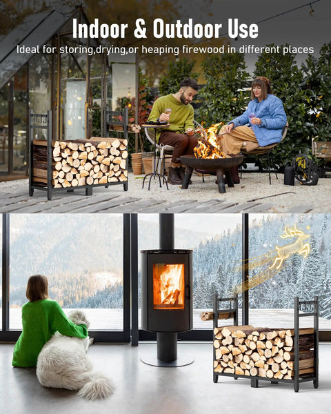 Heavy Duty 34 Inch Firewood Rack For Indoor And Outdoor Use With Log Carrier And Kindling Hooks next to a fire pit