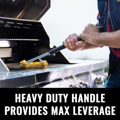 Person using Soft Bristle Brass Grill Brush For Grilling On Outdoor Grills Safe BBQ Cleanup No Wire Shedding Porcelain And Ceramic Grates Faster Scrub No Brainer Cleanup Grate Cleaning Tool For All Grate Types on grill