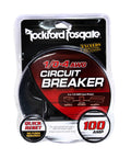 1/0-4 AWG 100 Amp Circuit Breaker in retail packaging with Rockford Fosgate branding, quick reset feature displayed.