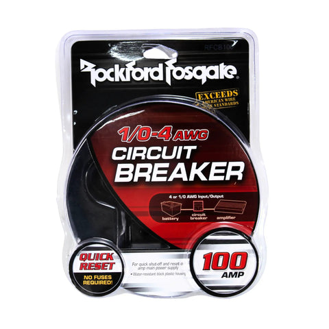1/0-4 AWG 100 Amp Circuit Breaker in retail packaging with Rockford Fosgate branding, quick reset feature displayed.