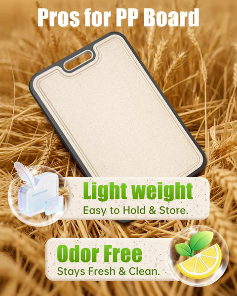 Two In One Titanium Cutting Board For Kitchen With Double Sides, BPA Free PP side shown on straw background