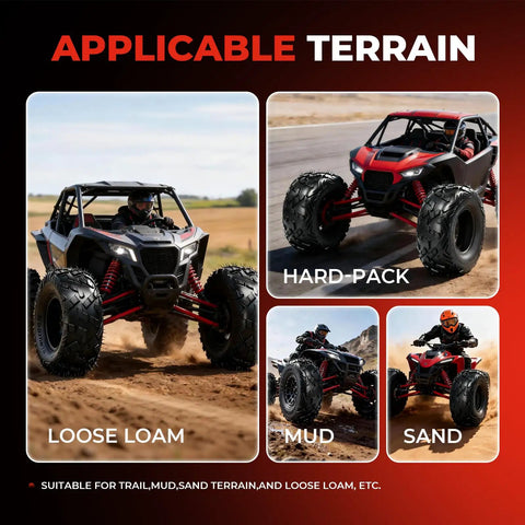 Off-road vehicle showcasing Go Kart Tire Set 145 70 6 14x6 6 Ply Tubeless Big Horn Tread for tough terrains like sand, mud, and loam.