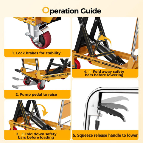 Operation guide for Heavy Duty Hydraulic Lift Table Cart With Single Scissor Mechanism And 1100 Lb Capacity, Yellow Finish.