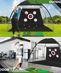 10x7Ft Golf Practice Net With Mat And Target Pockets for indoor and outdoor use showing a golfer swinging in different settings