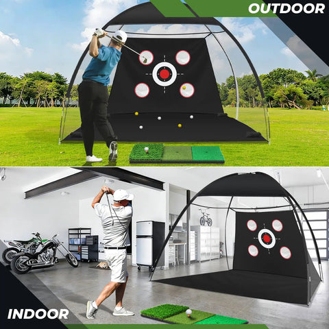 10x7Ft Golf Practice Net With Mat And Target Pockets for indoor and outdoor use showing a golfer swinging in different settings