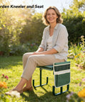 Gardening Kneeler Bench With Widened Pad And Adjustable Height, woman sitting in garden, green outdoor kneeling and sitting seat