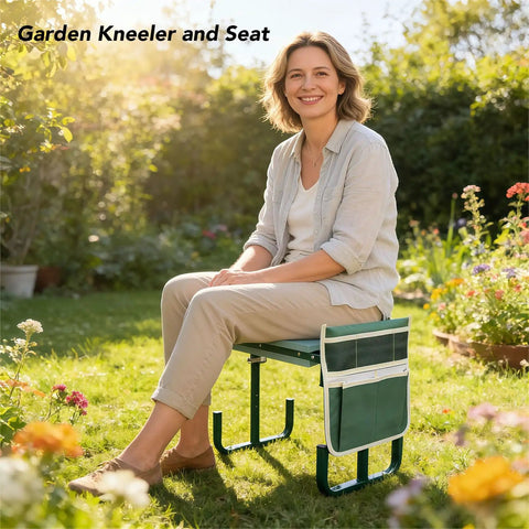 Gardening Kneeler Bench With Widened Pad And Adjustable Height, woman sitting in garden, green outdoor kneeling and sitting seat