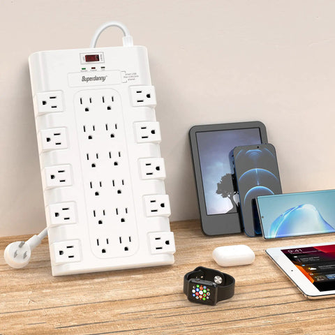 Heavy Duty 22 Outlet Power Strip Surge Protector With Flat Plug 2100 Joules 1875 Watts 15 Amps Six And A Half Foot Extension Cord For Home Office Dorm Gaming Room Black with electronic devices.
