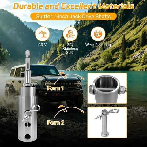 Badass Trailer Jack Drill Adapter Featuring Half Inch Square Drive Compatible With Power Drills And Heavy Duty Ratchets, stainless steel, 1-inch jack drive.
