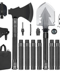 All In One 20 In 1 Multitool Survival Kit With Shovel Axe Hatchet And Trekking Pole Foldable Spade Portable Bag displayed with components.