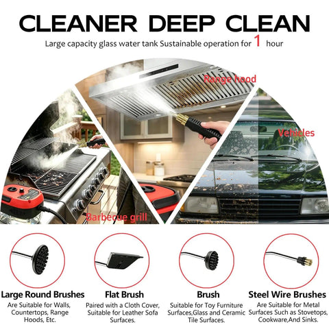 Beast 2500W Handheld Steam Cleaner With Pressurized 105C Steam cleaning range hood, grill, and car with attachments: brushes and wire brush.
