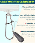 Sinker Slide Clips With Duo Lock Snaps on plastic and stainless steel, rust resistant, shown with sinker weight attached, 30 count