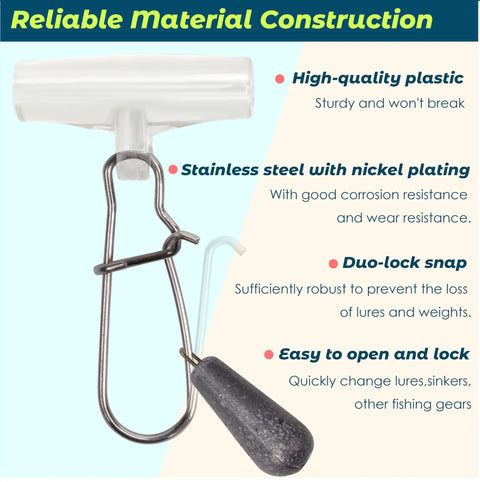 Sinker Slide Clips With Duo Lock Snaps on plastic and stainless steel, rust resistant, shown with sinker weight attached, 30 count