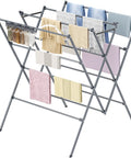 Heavy Duty Indoor Clothes Drying Rack With Twelve Solid Horizontal Rods And Tight Grip Sock Clips, holding various garments for air drying.