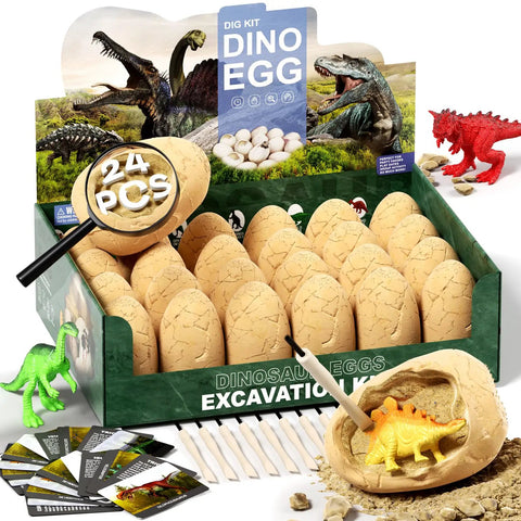 24 Dino Eggs Dig Kit For Kids With Magnifier And Excavation Tools, STEM Dino Egg Discovery Set For Boys And Girls, box display
