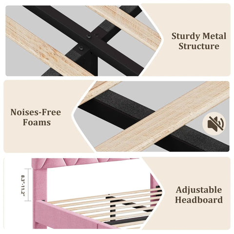 Chic Pink Twin Bed Frame With Plush Upholstered Headboard And Heavy Duty Platform Base Featuring Tough Wooden Slats For Zero Creak Nights Set Up In A Flash No Box Spring Needed For A Cozy Room Glow Up showing sturdy metal structure and adjustable headboard.