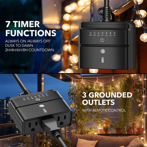 Outdoor Timer Outlet With Dusk To Dawn Sensor And Remote Control 100 Foot Range Waterproof 3 Grounded Outlets 15A ETL Listed