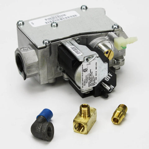 24V Gas Valve Kit for HVAC Systems With Brass and Stainless Build, showing 1/2 in inlet and outlet fittings for precise flow control