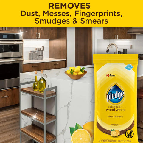 Expert Care Lemon Scent Wood Wipes For Polishing And Protecting Wood Furniture And Surfaces No Spray Convenience Pack Of 6 With 144 Total Wipes Yellow shown in a kitchen setting