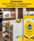 Expert Care Wood Wipes With Lemon Scent For Sealed Wood Leather Granite And Stainless Steel Quick Shine Buff And Protect Polisher Wipes In A 24 Count Pack displayed in kitchen setting.