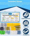 All In One 130 Piece Drywall Anchors And Screws Kit With 6 Sizes Plastic Wall Anchors And Phillips Flat Head Wood Screws in box