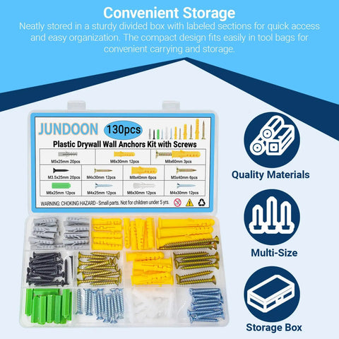 All In One 130 Piece Drywall Anchors And Screws Kit With 6 Sizes Plastic Wall Anchors And Phillips Flat Head Wood Screws in box
