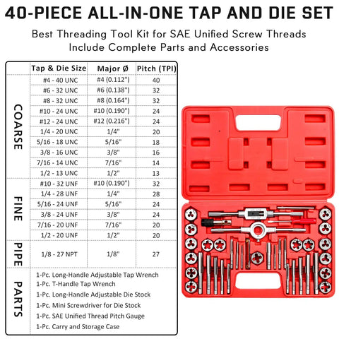 40 Piece Premium Tap And Die Set For Metalworking Do-It-All Kit With SAE Unified Threads From Number Four To One Half Inch Including UNC Coarse, UNF Fine And NPT, Complete With Handles And Essentials For Creating And Repairing Threads