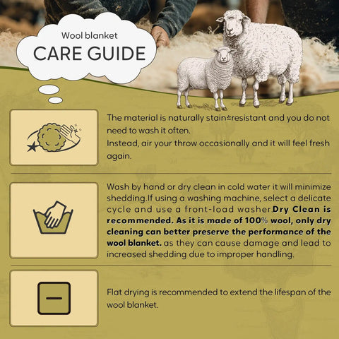 Wool blanket care guide with images of sheep for 100 Percent Virgin Wool Blanket 62 By 86 Inches Warm Thick And Washable
