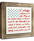 Wooden Patriotic Pledge Of Allegiance Wood Sign With Rustic Frame Featuring Blue Stars On White American Flag Classic USA Wall Art, text visible.