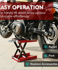 Beefy Heavy Duty Motorcycle Lift Scissor Jack 1200 Lb Capacity With Wide 9.06 By 14.57 Inch Deck in use lifting bike