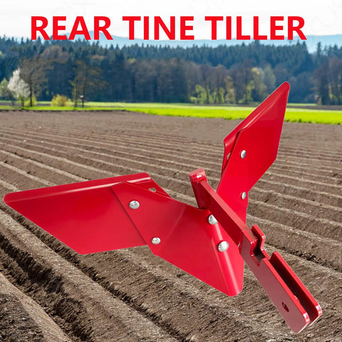 Rear Tine Tiller Furrower Kit With Three Adapter Types, adjustable plow wings for farmland, showcasing soil furrows in a field