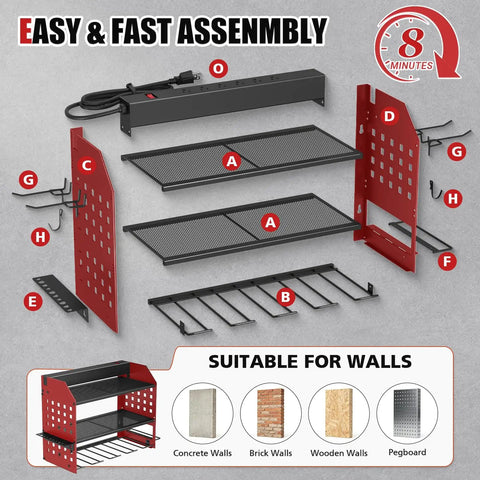 Power Tool Organizer Wall Mount With Charging Station, 3 Tier Red Garage Shelf, Built In 6 Outlet Power Strip And 1.65m Cord For Quick Charging, Grab And Go Access, And Neat Tool Storage, exploded parts view