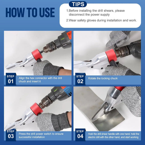 How to use Omquot Electric Metal Shear Drill Attachment Crv Steel Blade to cut metal sheets in 4 easy steps.