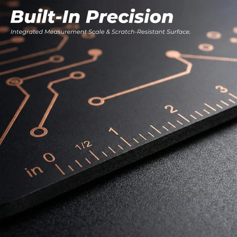 Close-up of integrated measurement scale on All-in-One Soldering Stand With Four Handy Helping Hands And 5X Magnifier base