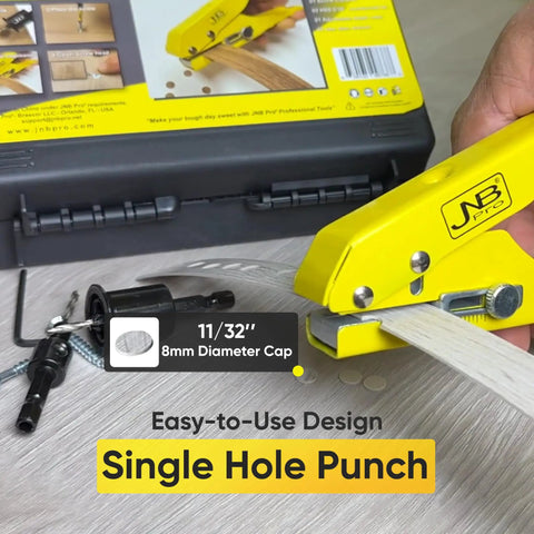 Heavy Duty Edge Banding Hole Puncher Kit With Two Premium Steel Countersink Bits And Tough Hex Wrenches For Slick Concealed Fastener Setup On Every Shop Floor Build, showing yellow punch tool and parts.
