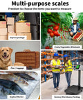 Collage showing uses for Pro Grade Digital Platform Scale For Packages And Luggage, 661 Lb Capacity, in various settings.