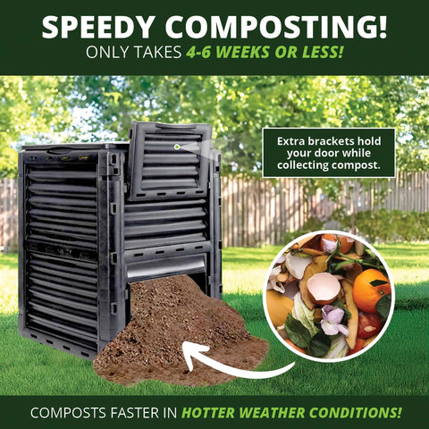 Big Ol 80 Gallon Garden Compost Bin Made From BPA Free Thick Plastic For Outdoor Use shown with compost