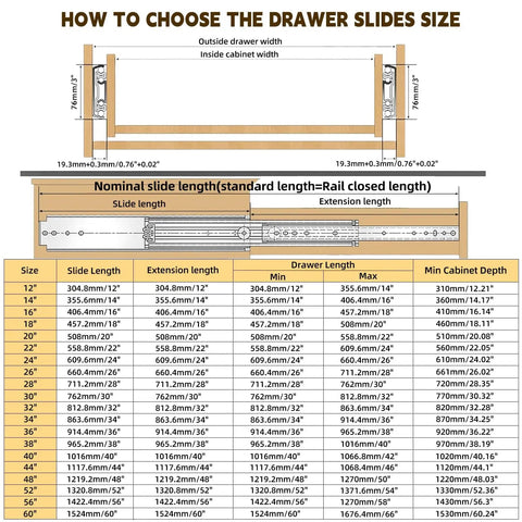 Beefy Heavy Duty Drawer Slides 500 Lb Capacity Full Extension Ball Bearing Side Mount Rails size guide with measurements chart.