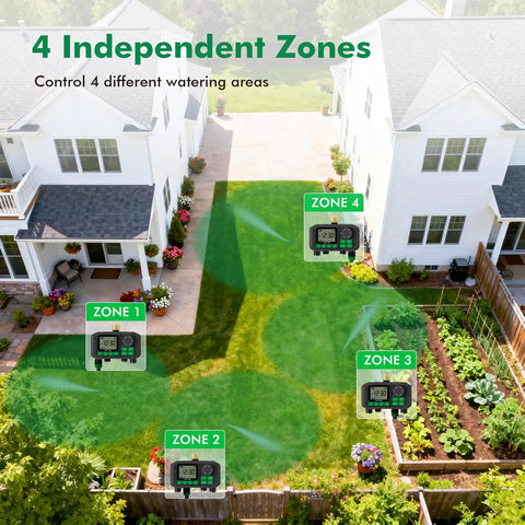 Diagram of Four Zone Outdoor Sprinkler Timer With Brass Inlet And Large Dial, No Fuss Setup, managing four lawn irrigation zones.