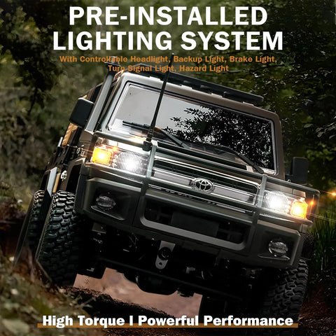 Front view of 1 To 12 Scale RC Crawler Toyota LC79 4x4 Off Road Toy With LED Lights on muddy trail